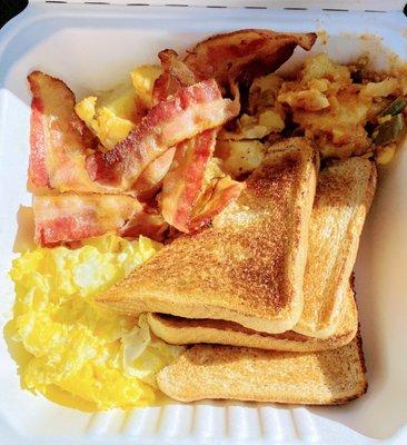 Eggs, soft bacon, homefries w/ peppers and Non buttered toast