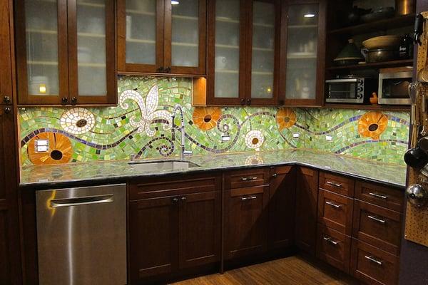 Custom glass mosaic backsplash by Rachel Rodi.