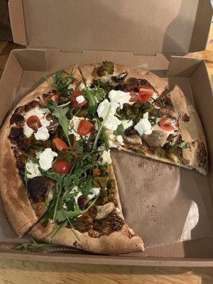 Mushroom, eggplant, ricotta, cherry tomatoes and arugula