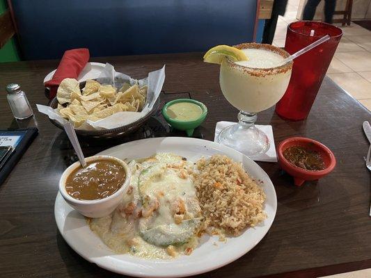 Seafood Enchiladas, frozen house margarita.