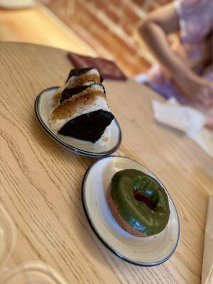 Chashu onigiri, Matcha glazed donut