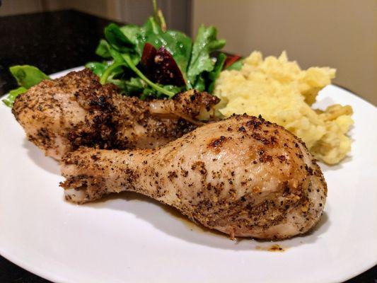 Whole Foods lemon pepper chicken drumsticks. Yukon Gold mashed potatoes and salad. All ingredients acquired via WF parking deck pickup.