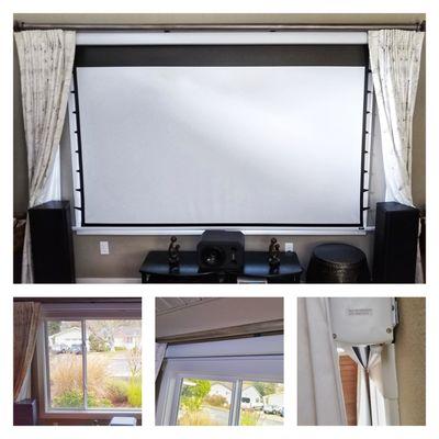 Hide-away home theater projector screen installation.  Perfect fit between curtain valance and window trim.