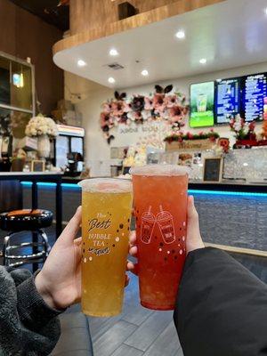 Left: passion fruit tea with aloe jelly     Right: red moonshine with peach popping boba