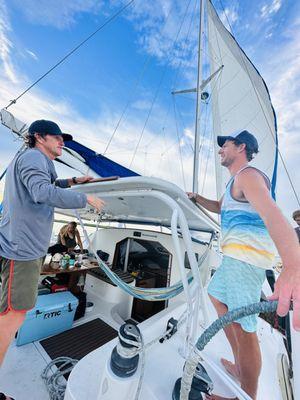 Sunset sailing onboard, private charters aboard Seas Life Sailing charters in Folly Beach. Call today to book your dolphin boat rental sail.