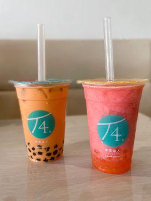 Thai Milk Tea w/ Boba & Strawberry Lemonade Smoothie w/ Mango Bubbles