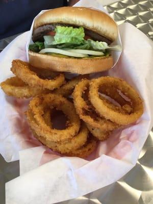 Hamburger and onion rings