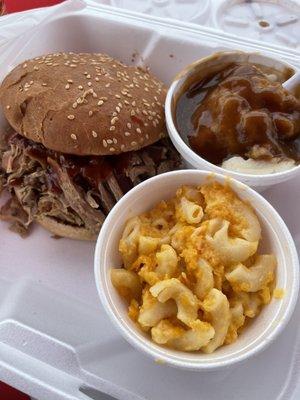 Pulled pork lunch. Large with two sides. ( Mac and cheese and mashed potatoes with gravy)