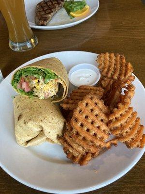 Southwest veggie wrap with sweet potato fries and marshmallow dipping sauce