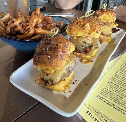 Burger sliders on pumpkin rolls