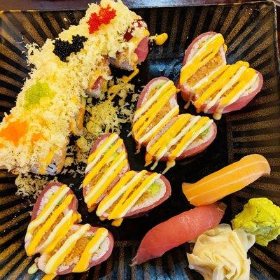 Mizuki roll, Valentine roll, and salmon and tuna sushi. Look at this presentation!