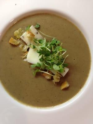 Porcini Mushroom Soup with Foccoccia Croutons, Black Truffle Pecorino, Mico Arugula