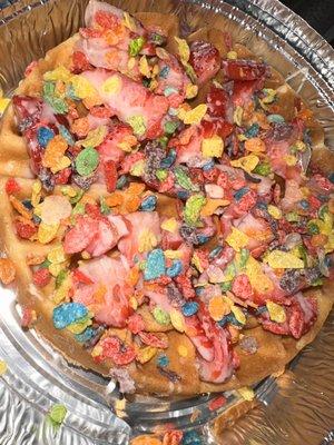 Strawberry Condensed Milk Belgian Waffle with Fruity Pebbles