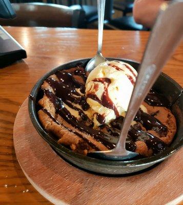 Skillet Chocolate chip cookie.