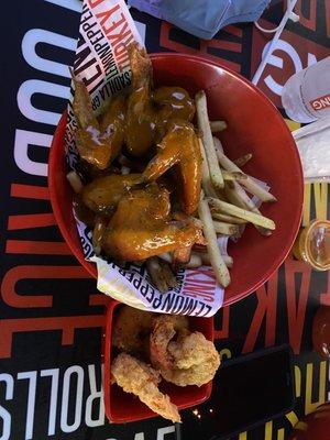 Chicken Wing & Fries  w/ their special sauce & a side of fried shrimp