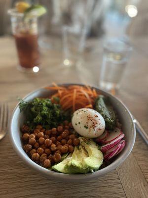 quinoa bowl, poached egg, quinoa, fried chickpeas, avocado, hearty greens, almond pesto