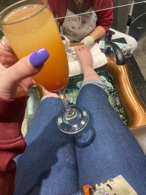 Mimosa ($8) & basic pedicure ($30)   First time here. Let's see. So far so good.