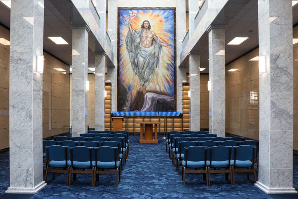 The new Chapel Mausoleum of the Resurrection has elegant marble crypts, glass and marble cremation niches, and a two-story mosaic of Christ.