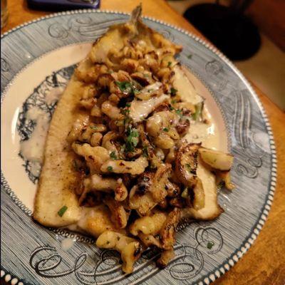 Trout with  topped with crispy spatzle and dill beurre blanc