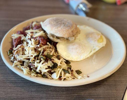 Corned Beef Hash; Eggs over medium; Eng muffin ($13.75) 7/2023