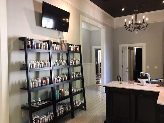 Cheveux Salon reception area.  Retail. R+Co Products