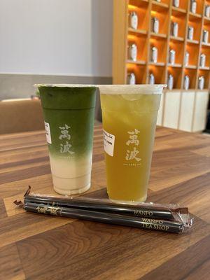 Matcha latte and sugar cane jinxuan oolong (highly recommend both!!!)