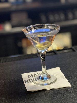 Tanquerey martini, straight up, dry, one olive.