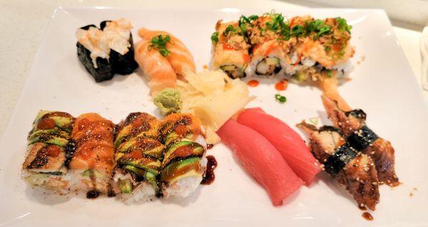 Nigiri salmon belly, creamy scallop, yellowfin tuna, and eel plus Crawdaddy and Lady Dragon rolls.