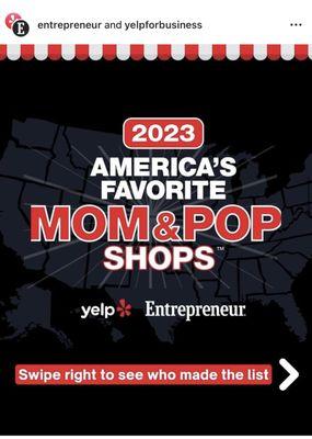 Named 2023 America's Favorite Mom & Pop Shops by Yelp & Entrepreneur #8 in America