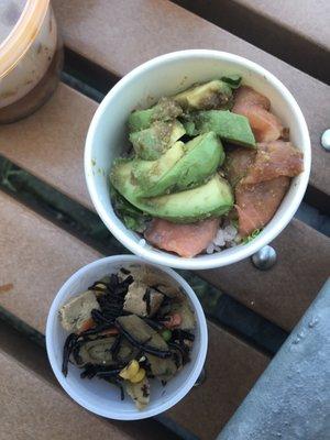 Salmon avocado bowl with tofu mushroom salad on the side