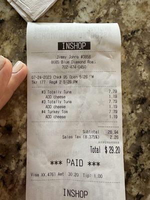 Receipt showing the charge for cheese