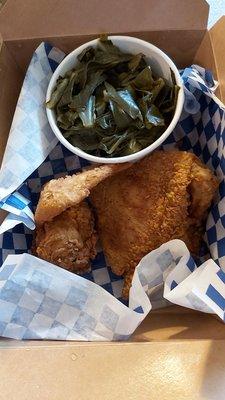 Two piece chicken, and side of collard greens