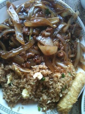 Mongolian beef, fried rice, egg roll.  Lunch special.