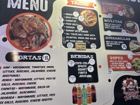 Large posted menu with prices