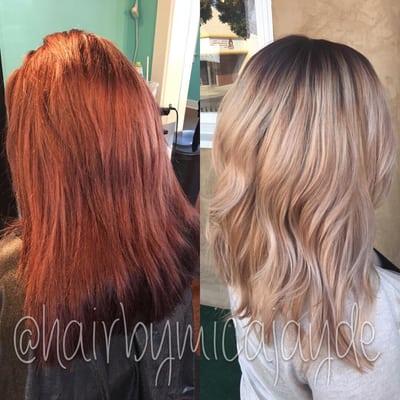 Red to a beautiful blonde ombré done by mica