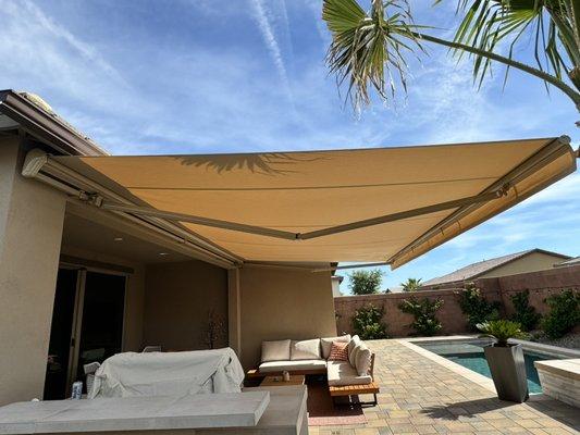 Awning with Sunbrella Linen fabric. Somfy motor which is compatible with smart homes and Alexa