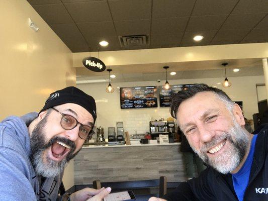 Snack time Coffee! Peter and DJ at the new Donut  Delight on Summer Street in Stamford CT. November 2018.