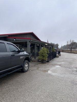 Front of building and parking lot