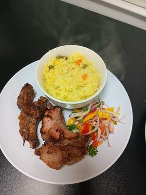 Ribs and Yellow rice with mixed vegetables