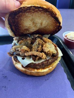 Amazing breaded mushrooms on the mushroom and swiss burger.