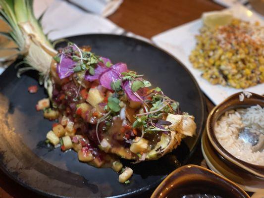 Shrimp Costenos  Chipotle marinated, passion fruit and pineapple salsa, sweet potatoes pure.