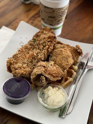 Chicken and Waffles with Ube syrup