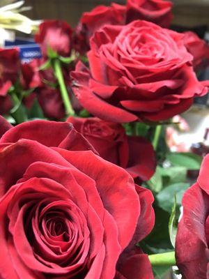 Red roses by the dozen.