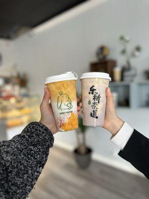 Two of the popular drinks: mango sago pomelo tango and mashed taro black milk tea