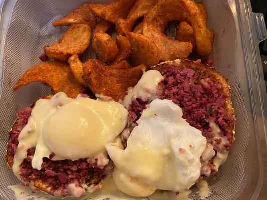 Humble Hash, substituted the potato latkes for a bagel. One egg over cooked.