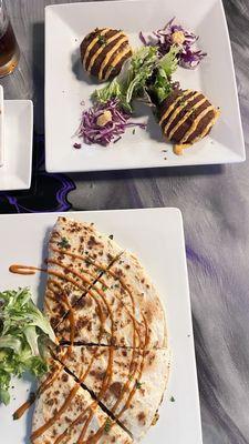 Chicken quesadillas and crab cakes.