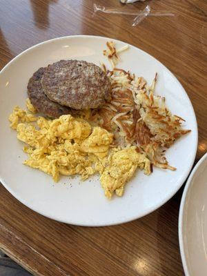 sausage, scrambled eggs, and hash browns