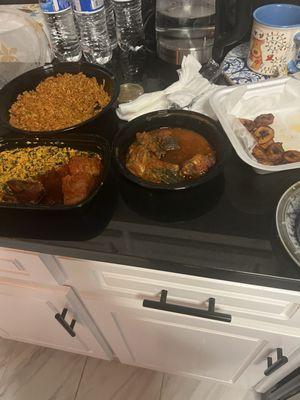 Jollof Rice & Assorted Meat Egusi  with white rice . Food flavor ambience and service were great.