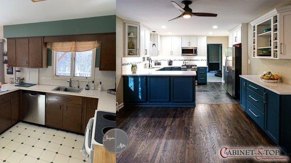 If you're looking for a classic way to use teal and white in your kitchen, here's a great example.