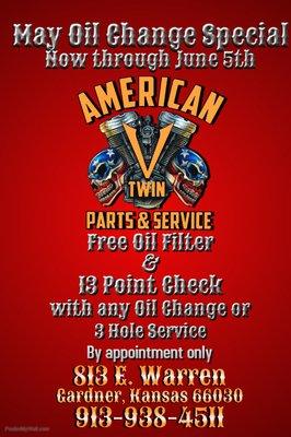 This May only. We are running an Oil Change special with a free a oil filter and 13 point check. And its valid with a 3-hole change too!